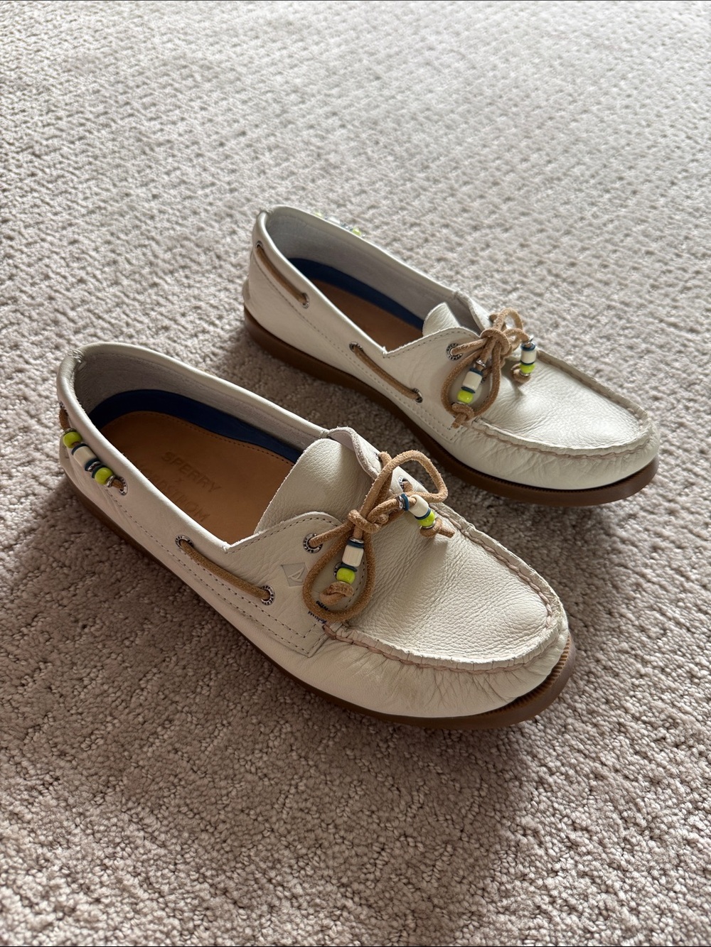 Sperry Cream Leather Boat Shoes with Tan Laces and Neon Bead Accents